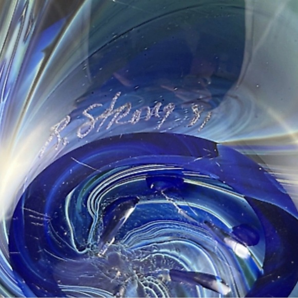 Vintage Randy Strong Signed Art Glass Vase 9.5” Iridescent Cobalt Pulled Feather - Picture 6 of 8